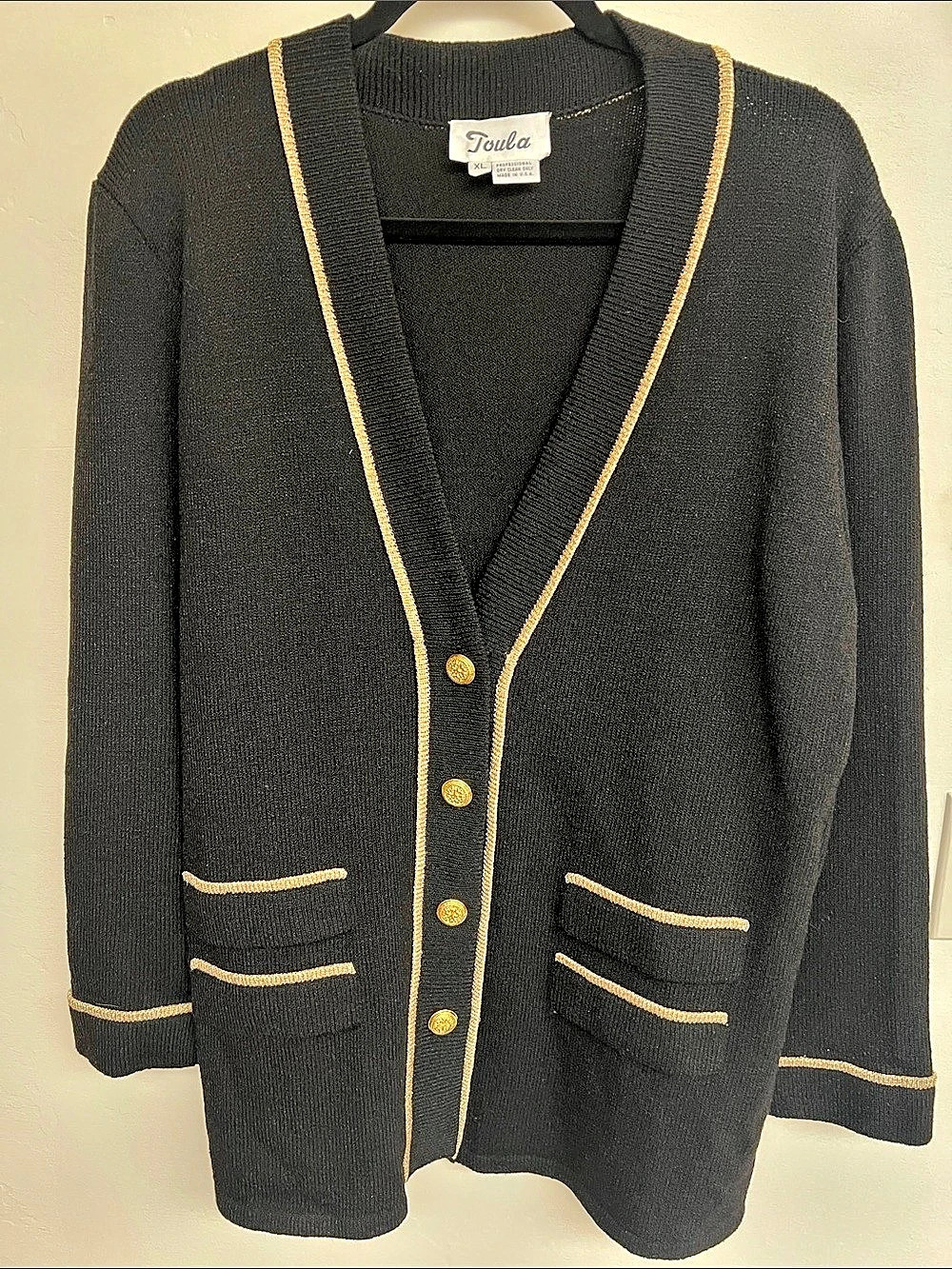 Toula Women’s XL Black Gold Trim 2 Piece Sweater Set Cardigan Top Vintage Style